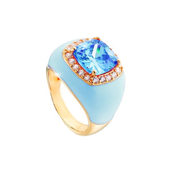 Sweety metal gold-plated ring with aqua enamel and aqua zircon