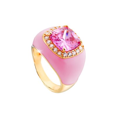 Sweety metal gold-plated ring with pink enamel and pink zircon