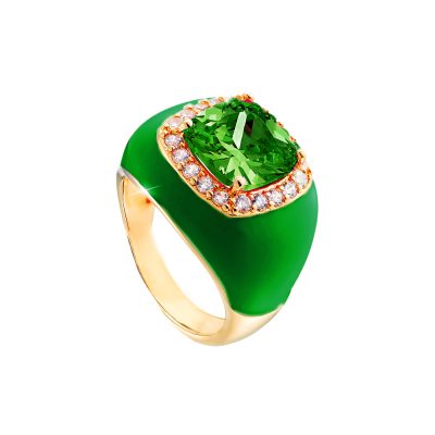 Sweety metal gold-plated ring with green enamel and green zircon
