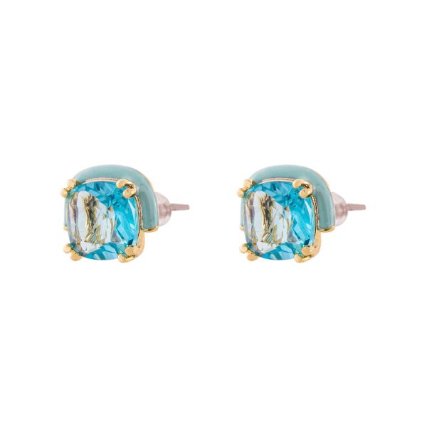 Party earrings metal gold plated with aqua enamel and aqua zircon