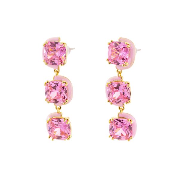 Party earrings in gold-plated metal with pink enamel and three pink zircons