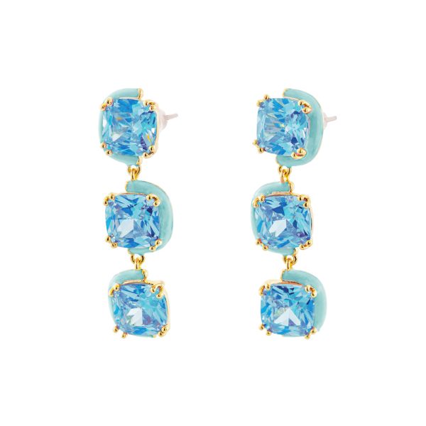 Party earrings in gold-plated metal with aqua enamel and three aqua zircons