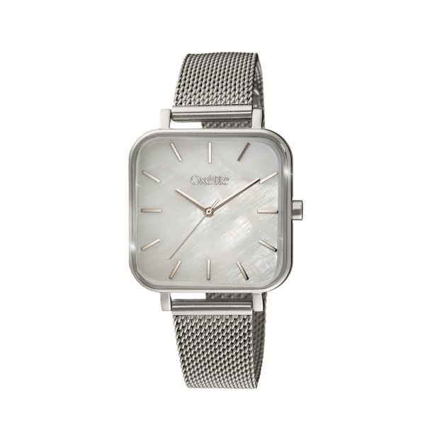 Influence watch with steel mesh band and white mop dial