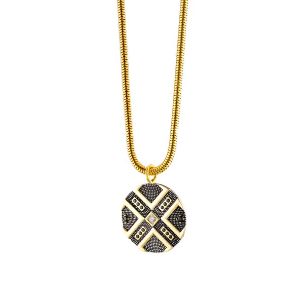 Natrix metal necklace gold-plated, silver and black (oxidised) with zircon