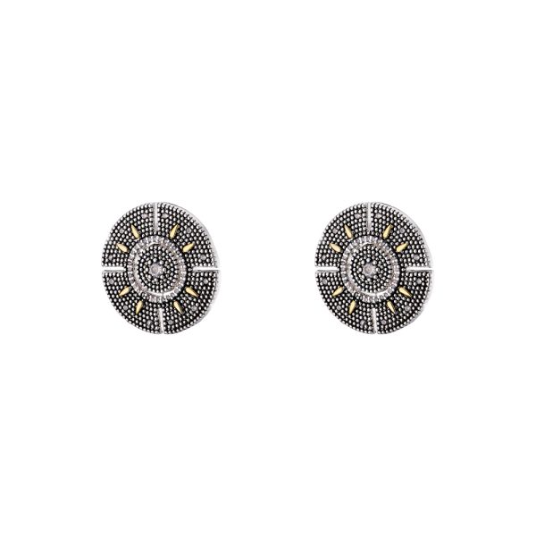 Natrix metallic silver gold-plated and black (oxidised) round earrings with white zircons