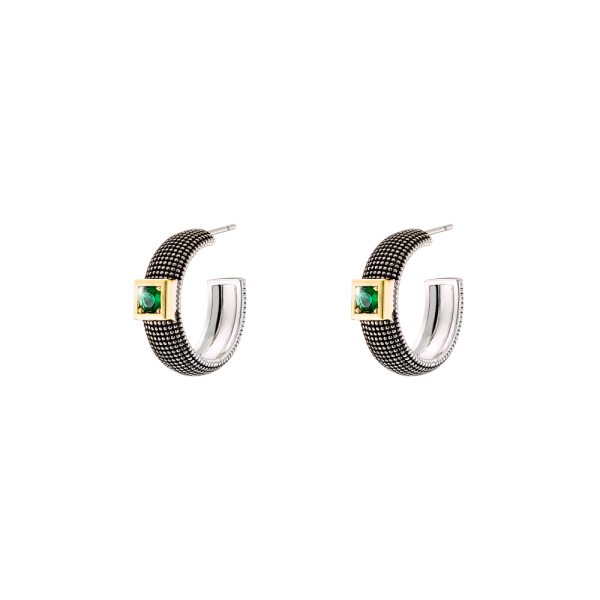 Natrix earrings metallic silver gold-plated and black (oxidised) hoops with green zircons