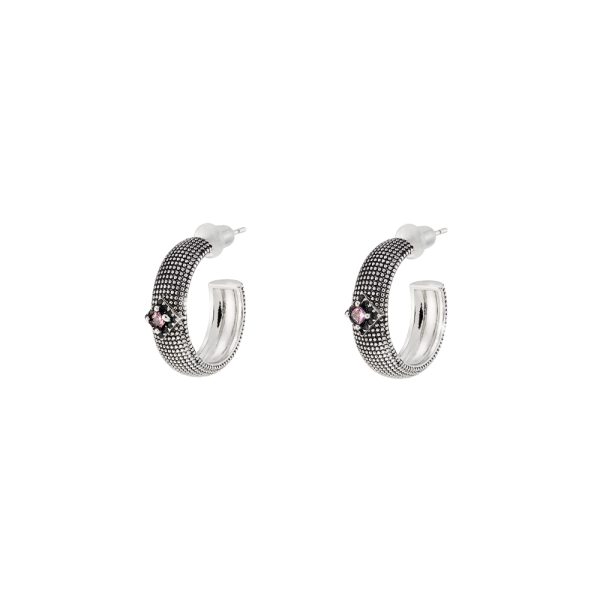 Natrix earrings metallic silver and black (oxidised) hoops with zircons