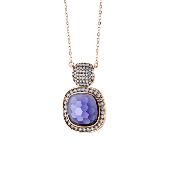 Darling metallic rose gold long necklace with purple crystal and white zircons