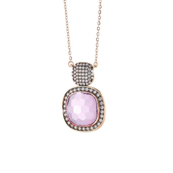 Darling metallic rose gold long necklace with pink crystal and white zircons