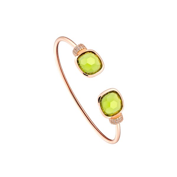 Darling bracelet metallic rose gold fixed with green crystals and white zircons