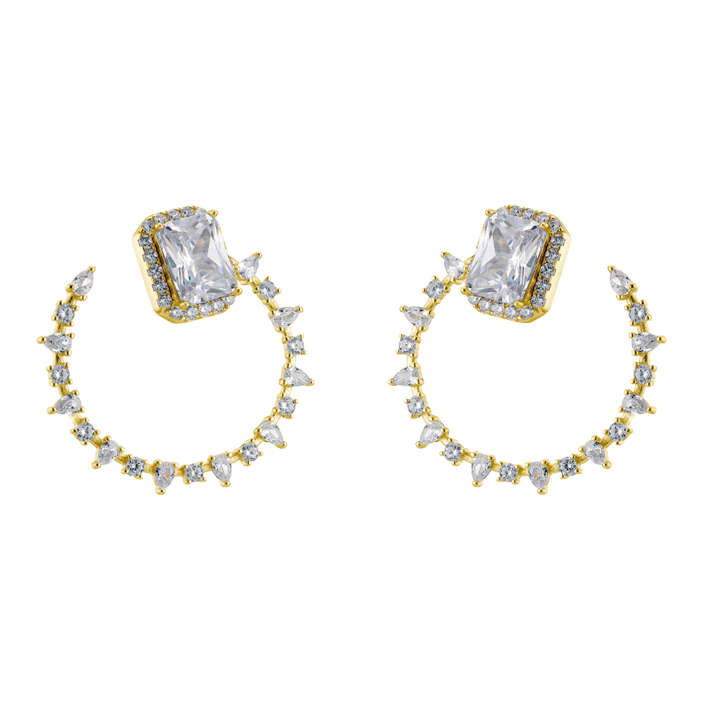 03X05-03090 Σκουλαρίκια Kate Gifting ασημένια επίχρυσα κρίκοι με ορθογώνιο λευκό κρύσταλλο και λευκά ζιργκόν