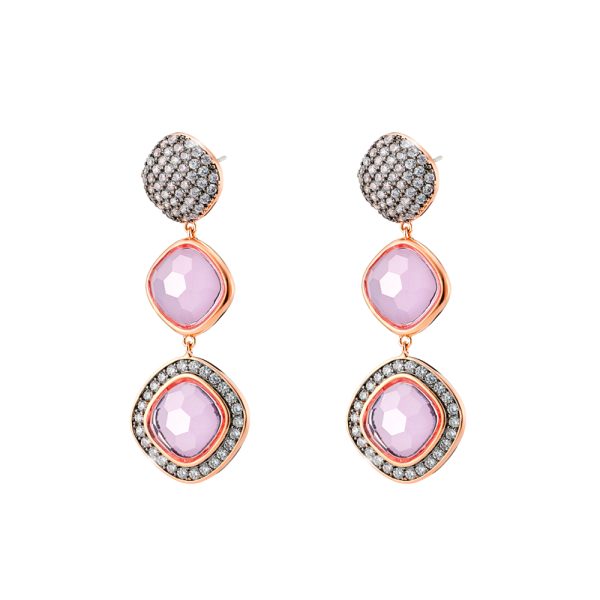 Darling metallic rose gold triple earrings with pink crystals and white zircons