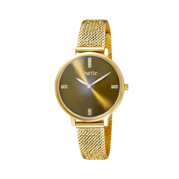 Perfume watch with gold-plated steel bracelet and olive dial