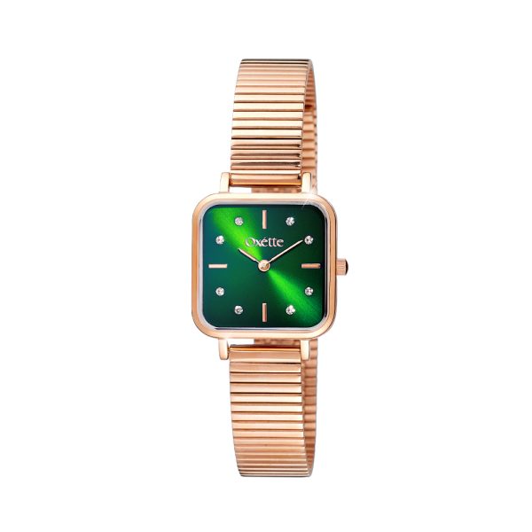 Tiny watch with rose gold steel bracelet and green dial