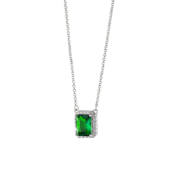 Kate necklace Gifting silver with rectangular green crystal and white zircons