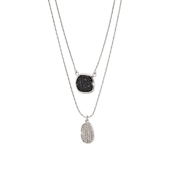 Antoinette silver double necklace with black crystal nuggets and white zircons