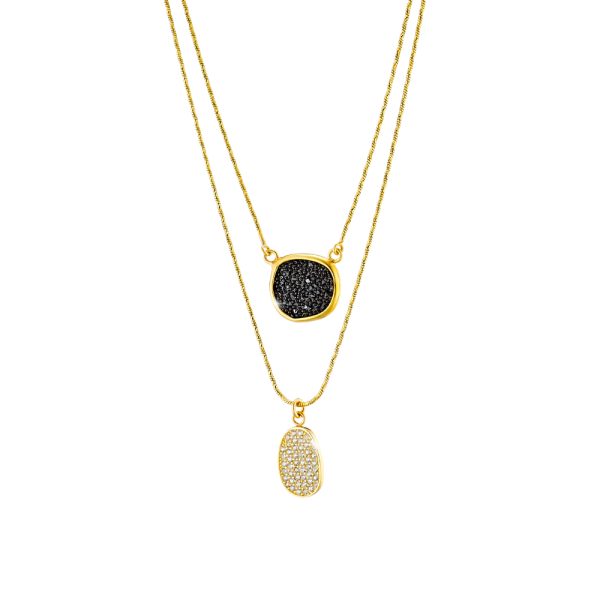 Antoinette silver gold plated double necklace with black crystal nuggets and white zircons