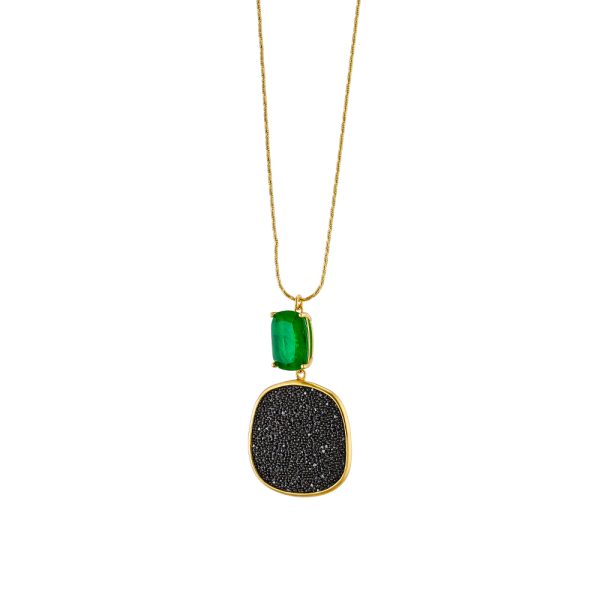 Antoinette silver gold plated necklace with green crystal and black crystal nuggets