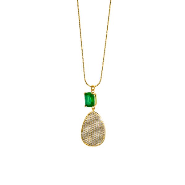 Antoinette silver gold plated oval necklace with green crystal and white zircons