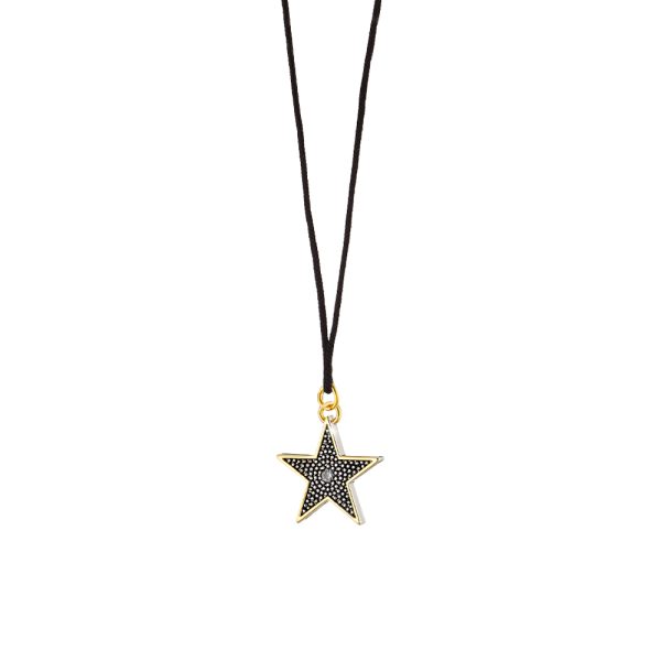 Lucky Charm necklace black cord with metallic gold-plated star and white zircon