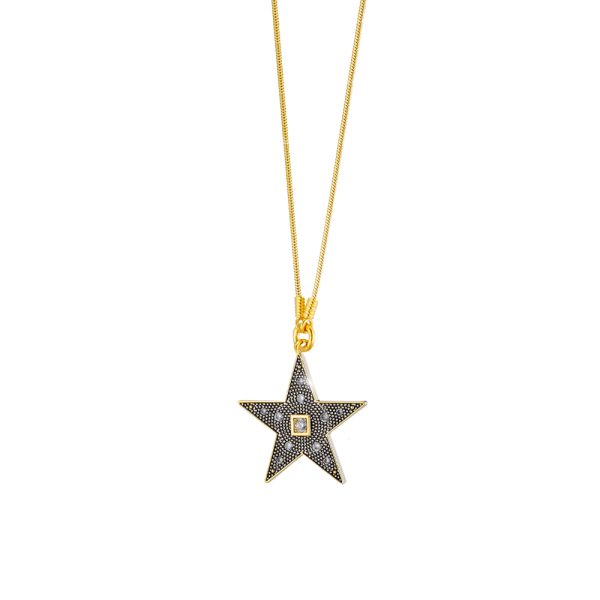 Lucky Charm long metal gold-plated necklace with star and white zircons 3.9 cm