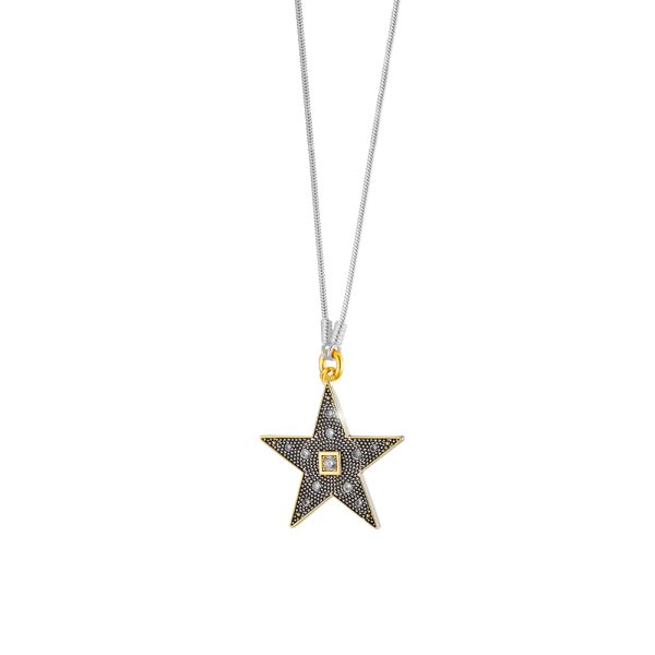Lucky Charm metallic silver long necklace with gold-plated star and white zircons 3.9 cm