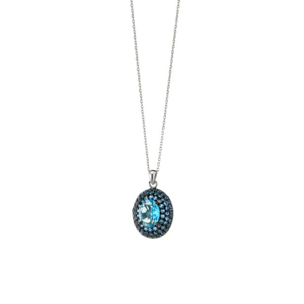 Kate gun metal necklace with oval blue crystal and blue zircon
