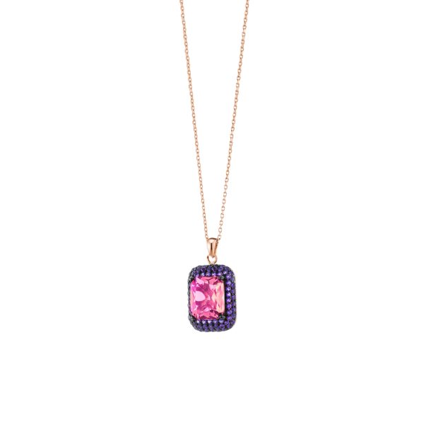Kate gun metal necklace with rectangular pink crystal and purple zircon