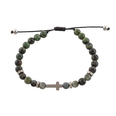 Βραχιόλι Men's ατσάλινο μακραμέ με πράσινες πέτρες και σταυρό