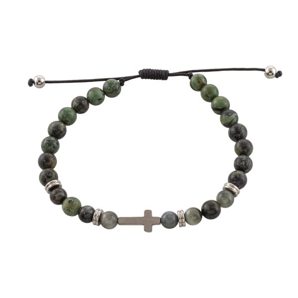 Men's steel macrame bracelet with green stones and cross