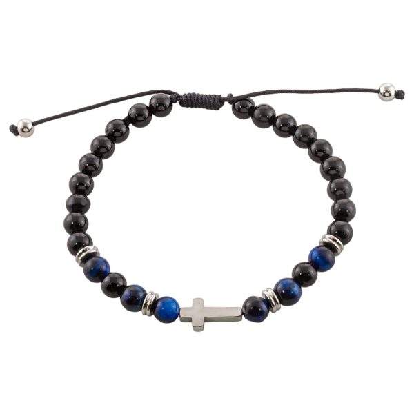 Men's steel macrame bracelet with black and blue stones and cross
