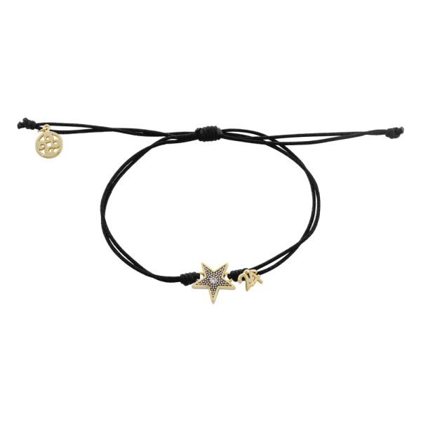 Lucky Charm bracelet black cord with metallic gold-plated star and white zircon 1.2 cm