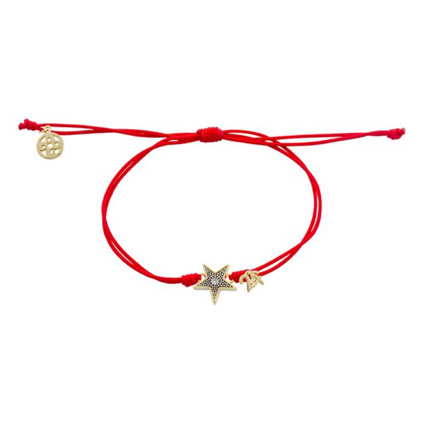 Lucky Charm Bracelet Red Cord with Metal Gold Plated Star and White Zircon 1.2 cm