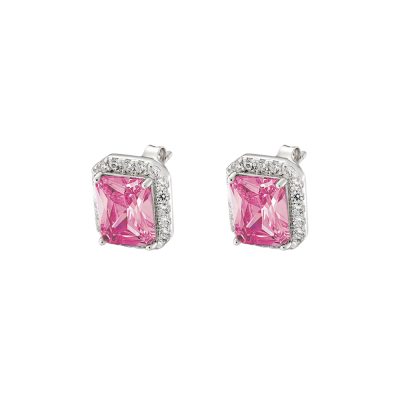 Σκουλαρίκια Kate Gifting ασημένια με ορθογώνιο ροζ κρύσταλλο και λευκά ζιργκόν