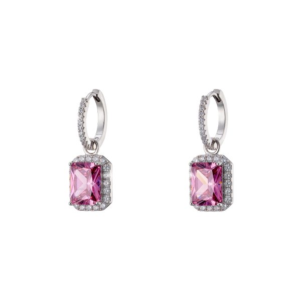 Kate earrings Gifting silver hoops with rectangular pink crystal and white zircons