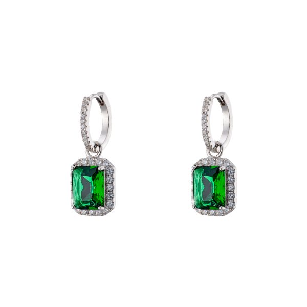 Kate earrings Gifting silver hoops with rectangular green crystal and white zircons