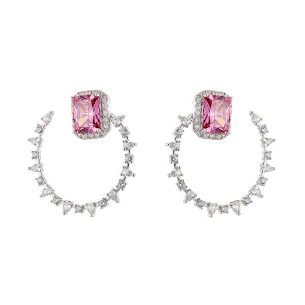 Kate earrings Gifting silver hoops with rectangular pink crystal and white zircons