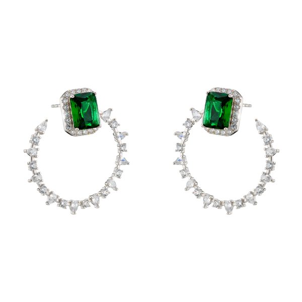 Kate earrings Gifting silver hoops with rectangular green crystal and white zircons