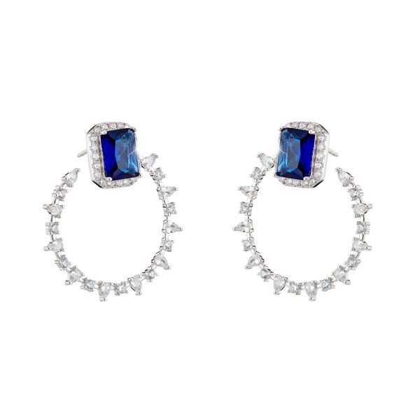 Kate earrings Gifting silver hoops with rectangular blue crystal and white zircons