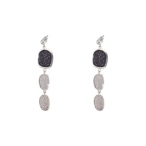 Antoinette silver triple earrings with black crystal nuggets and white zircons