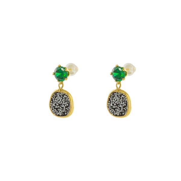 Antoinette silver gold plated earrings with green crystal and black crystal nuggets