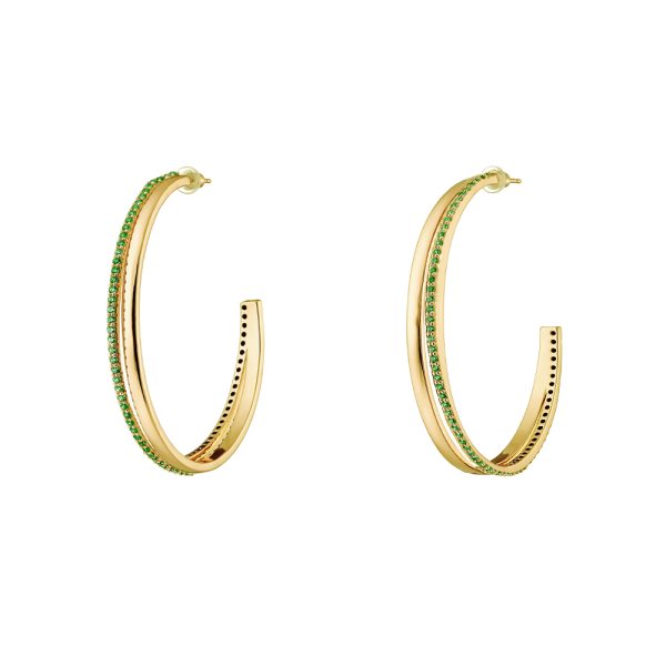 Twist earrings metal gold-plated hoops with green zircons 5 cm