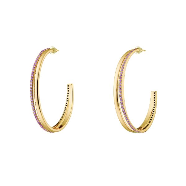 Twist earrings metal gold-plated hoops with purple zircon 5 cm