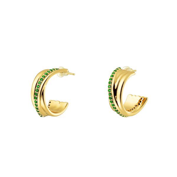 Twist earrings metal gold-plated hoops with green zircons 1.8 cm