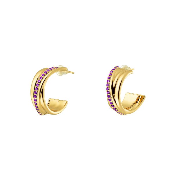 Twist earrings metal gold-plated hoops with purple zircon 1.8 cm