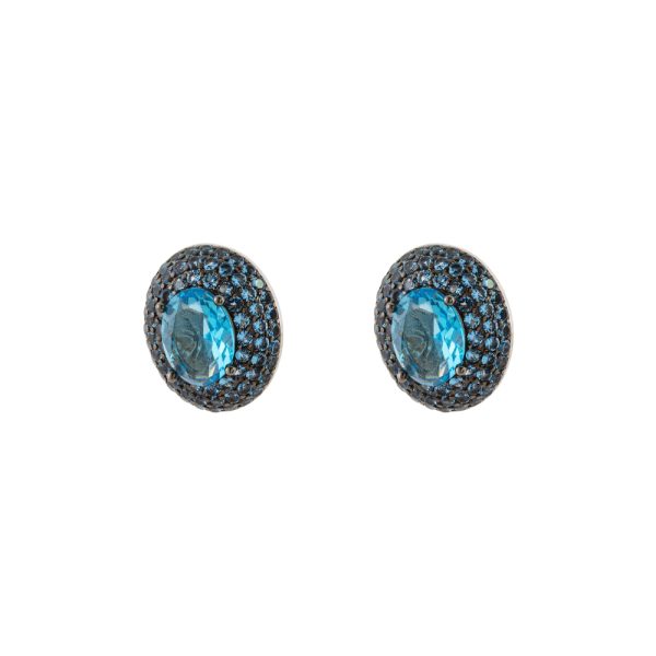 Kate gun metal earrings with oval blue crystal and blue zircon