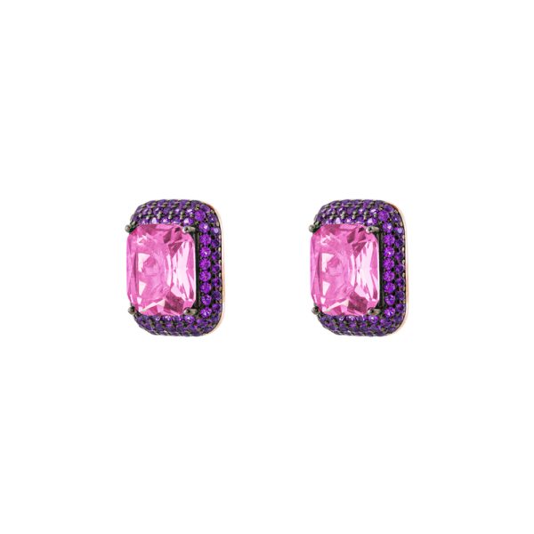 Kate gun metal earrings with rectangular pink crystal and purple zircon