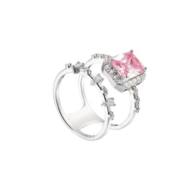Δαχτυλίδι Kate Gifting ασημένιο διπλό με ορθογώνιο ροζ κρύσταλλο και λευκά ζιργκόν