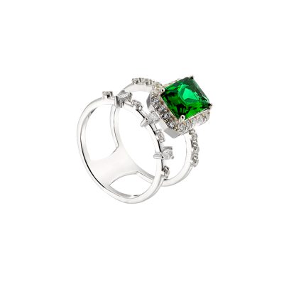 Δαχτυλίδι Kate Gifting ασημένιο διπλό με ορθογώνιο πράσινο κρύσταλλο και λευκά ζιργκόν