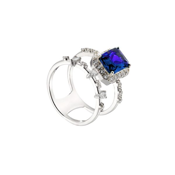 Kate ring Gifting silver double with rectangular blue crystal and white zircons